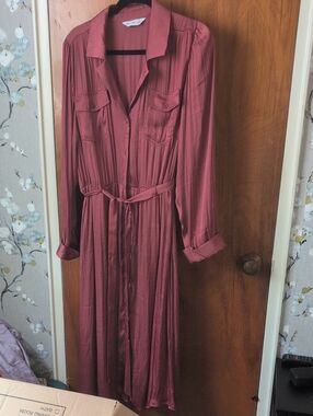 Nine West Long Sleeve Button-Front Shirt Dress in Dusty Rose